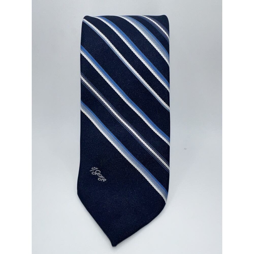 Allyn St George Tie Striped Navy Blue White Gray Classic Polyester Necktie - Picture 5 of 6
